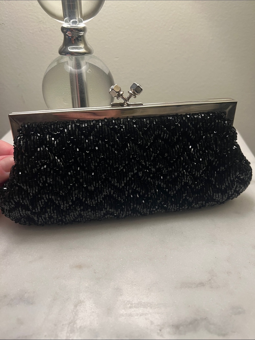 Vintage Valerie Stevens Black Beaded Evening Clutch Purse Silver Kiss Lock